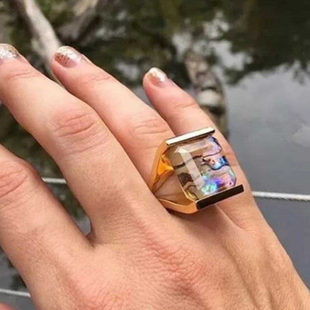 Gold titanium and genuine natural abalone boho chic statement ring sz 8 new